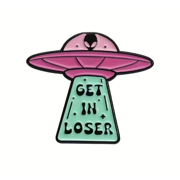 "GET IN LOSER" Enamel Pin Alien Spaceship Brooch Lapel Pink Teal Punk Style - Picture 1 of 4